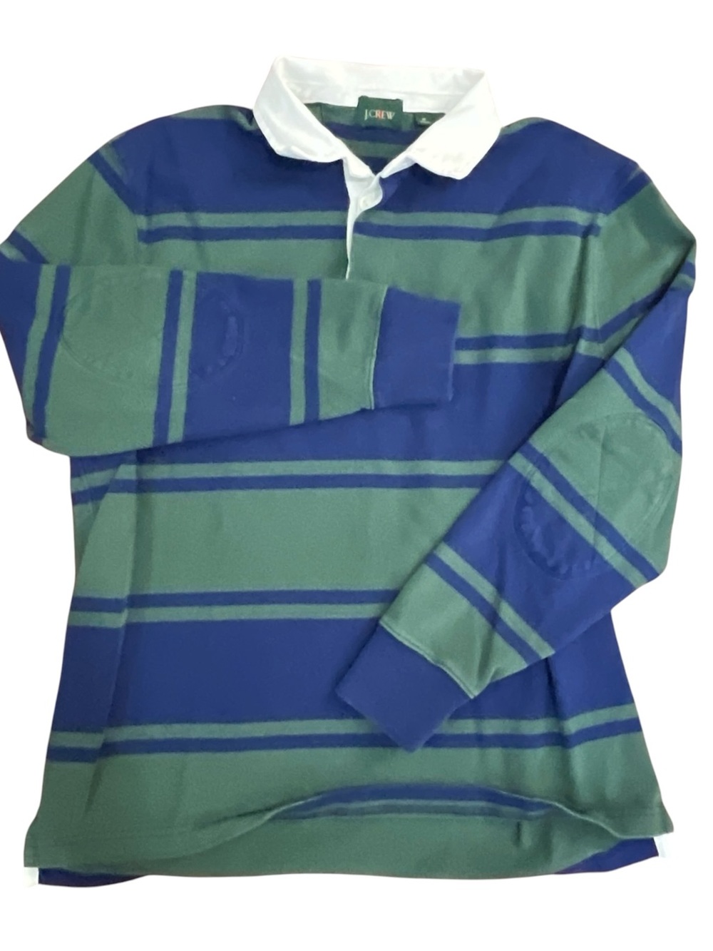 J.Crew Oarsman Rugby Polo Men’s M Green Blue Stripe Long Sleeve Elbow Patch